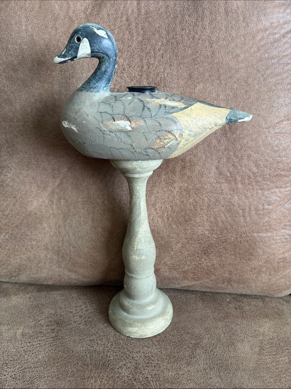 Hand-Painted Wooden Goose Candle Holder in Neutral Tones